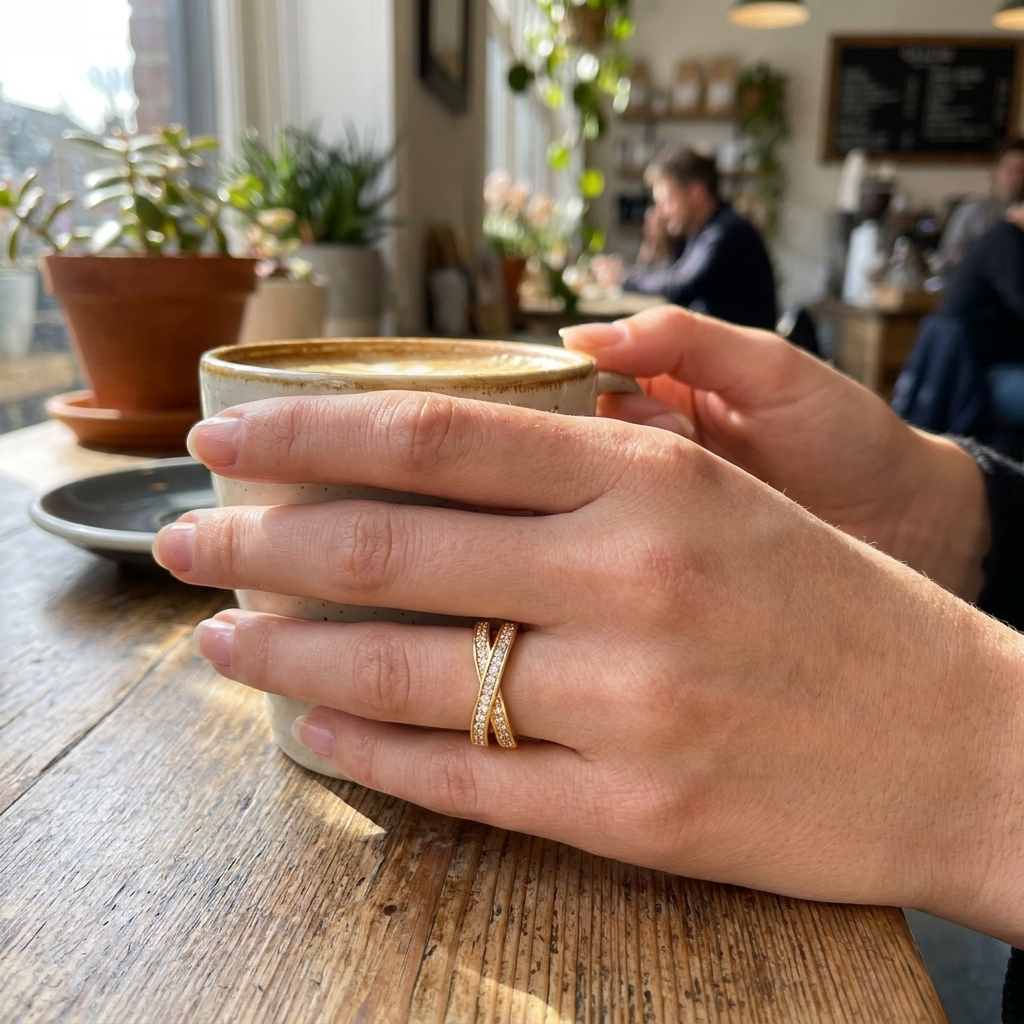 Minimalist Stacking Crossed White Zircon Ring lifestyle